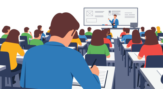 A group of diverse students sits at their desks in a modern classroom while listening to a teacher standing at the front by a large whiteboard.