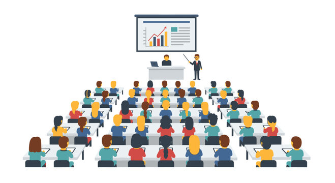 A large university lecture hall is filled with students sitting at desks and watching a presentation on a screen featuring colorful data charts.