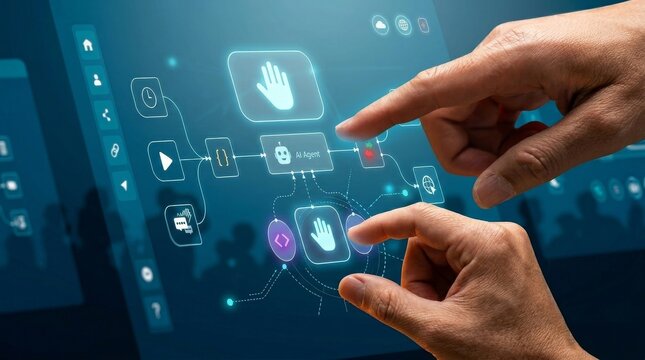 Hand pointing at digital workflow interface with AI agent node, process flow diagram, and connected system icons, representing automation workflow, data integration, and intelligent system operation 