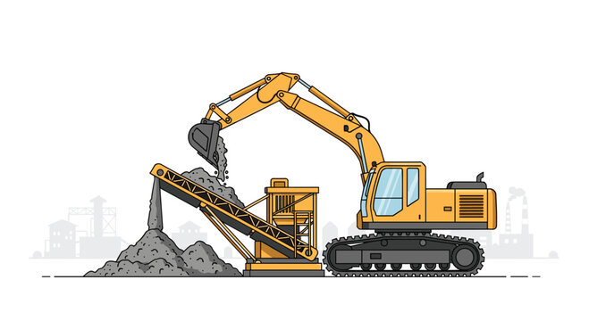 A yellow excavator is shown loading gray coal into a large crushing machine on an industrial site with a faint city and factory skyline in the background.