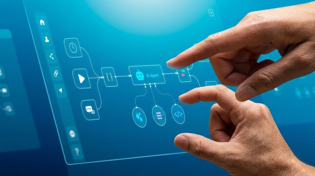 Hand pointing at digital workflow interface with AI agent node, process flow diagram, and connected system icons, representing automation workflow, data integration, and intelligent system operation 