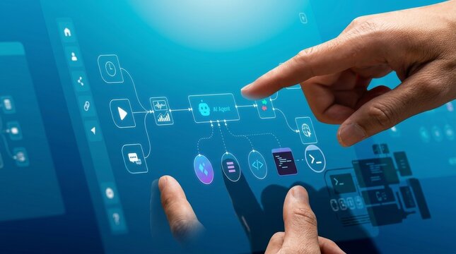 Hand pointing at digital workflow interface with AI agent node, process flow diagram, and connected system icons, representing automation workflow, data integration, and intelligent system operation 