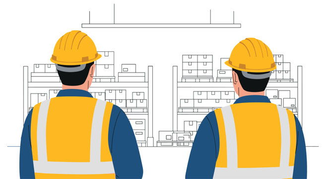 Two warehouse workers wearing yellow safety vests and hard hats are seen from behind as they inspect rows of stacked boxes on industrial shelves.