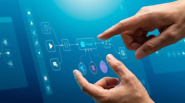 Hand pointing at digital workflow interface with AI agent node, process flow diagram, and connected system icons, representing automation workflow, data integration, and intelligent system operation 