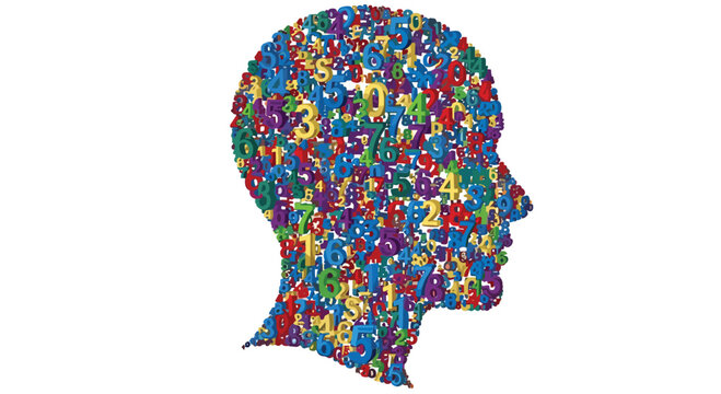 A human head silhouette is completely filled with a dense and vibrant collection of colorful numbers representing complex data and mathematical logic.
