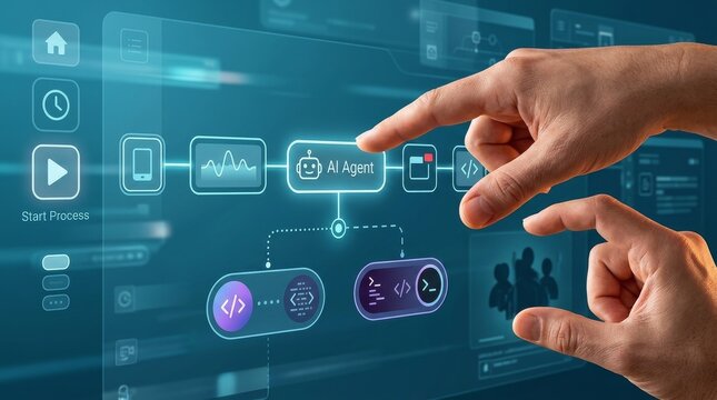 Hand pointing at digital workflow interface with AI agent node, process flow diagram, and connected system icons, representing automation workflow, data integration, and intelligent system operation 