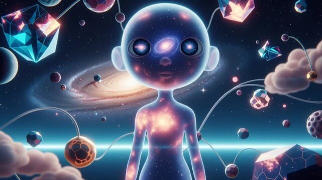 A futuristic humanoid robot surrounded by planets and clouds.