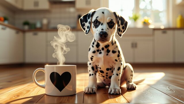 dalmatian puppy sitting wooden floor kitchen puppy looking directly camera its ears perked its eyes wide open next puppy white mug black heart mug steaming indicating puppy enjoying cup coffee