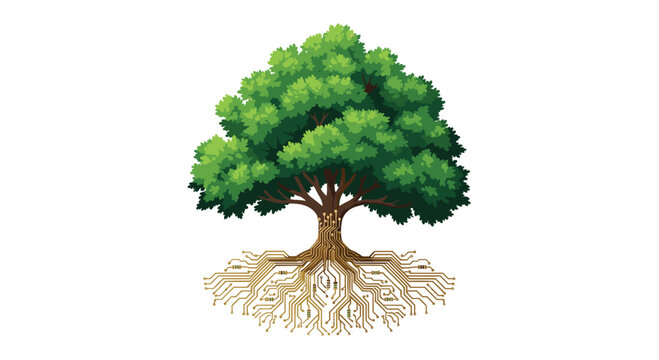 A lush green tree features a complex network of golden circuit board roots extending deep into the earth against a pristine and minimalist background.