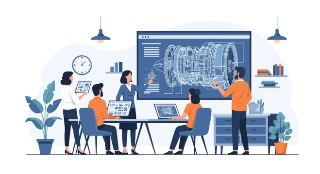 A team of professional designers collaborates in a bright office space while reviewing a detailed technical drawing of a jet engine on a large monitor.