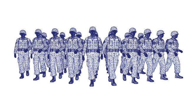 A large platoon of soldiers is depicted as a blue wireframe 3D model as they march forward in unison against a stark white background.