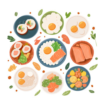 Authentic oriental culinary collection with rice eggs noodles vegetables and various traditional side dishes on white surface - Vector Illustration
