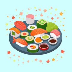 Gourmet sushi set layout with assorted nigiri maki rolls soy sauce and delicious traditional Japanese culinary food - Vector Illustration © powdesign