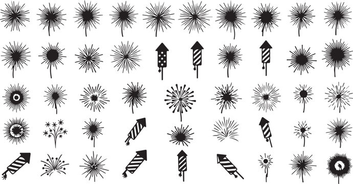 Fireworks and festive explosion burst vector silhouettes