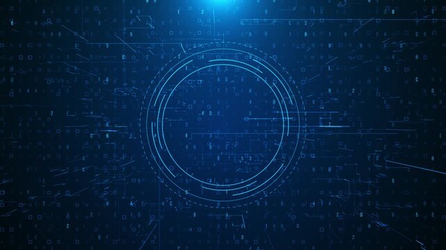 Blue digital data ring interface circular HUD lines, floating numbers, letters, squares, dark tech grid. for AI videos, cyber intros, data dashboards, software screens, and futuristic overlays.