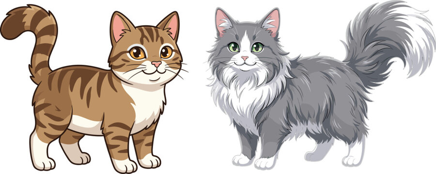 Cute Domestic Cat Vector Collection Featuring Fluffy Kitten Characters, Adorable Feline Pets, and Cartoon Animal Illustrations for Pet Design