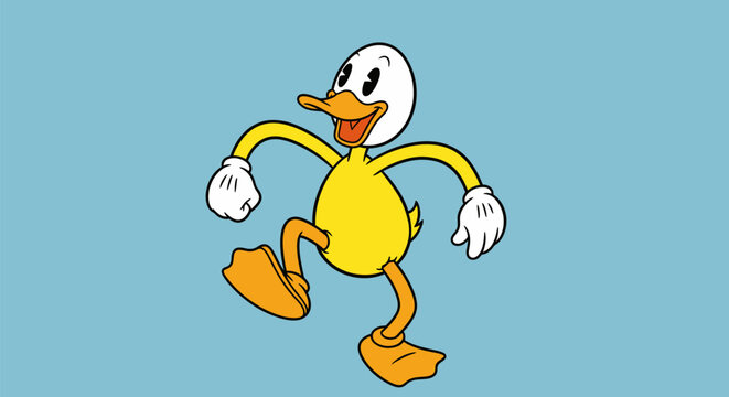Cartoon yellow duck character with white head walking happily.