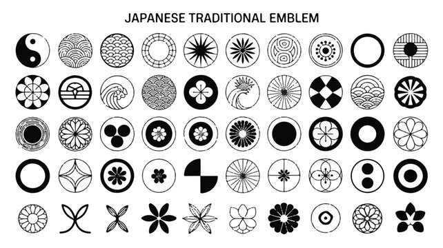 A collection of traditional Japanese emblems and crests are displayed on a white background