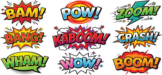 Comic Sound Effect Text Set Featuring Bam Pow Zoom Bang Kaboom Crash Wham Wow Boom Words in Pop Art Style for Cartoon Design and Speech Graphics © Ruma