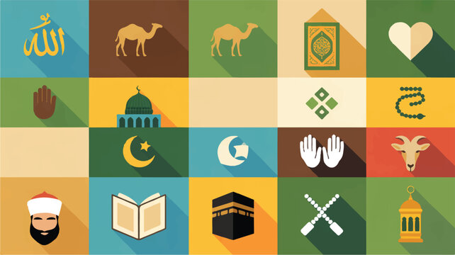 An illustration depicts various Islamic symbols and icons arranged in a grid