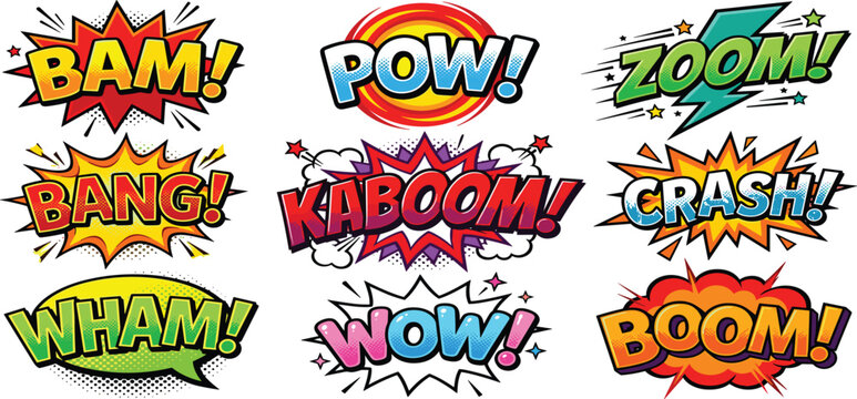 Comic Sound Effect Text Set Featuring Bam Pow Zoom Bang Kaboom Crash Wham Wow Boom Words in Pop Art Style for Cartoon Design and Speech Graphics