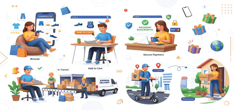 Ecommerce Shopping and Delivery Illustration Set Featuring Online Browsing Add to Cart Secure Payment Order Processing and Fast Courier Delivery Service Concepts