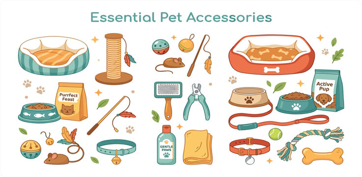 Essential Pet Accessories Illustration Set Featuring Beds Toys Bowls Grooming Tools Collars Leashes and Food Supplies for Dog and Cat Care Design