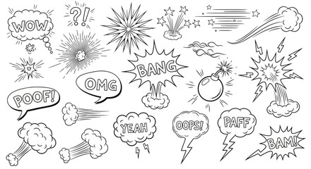 Comic explosion effects, shock and surprise speech bubbles, black and white vector illustrations, 20 comic book graphic elements © Olivia