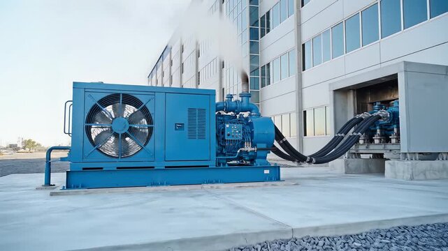 Industrial Generator Unit Outside Modern Building.