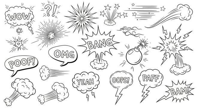 Comic explosion effects, shock and surprise speech bubbles, black and white vector illustrations, 20 comic book graphic elements