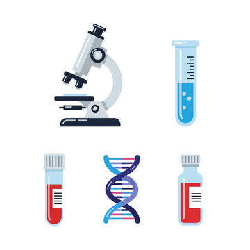 Microscope DNA Test Tubes and Blood Samples Scientific Research Icons.
