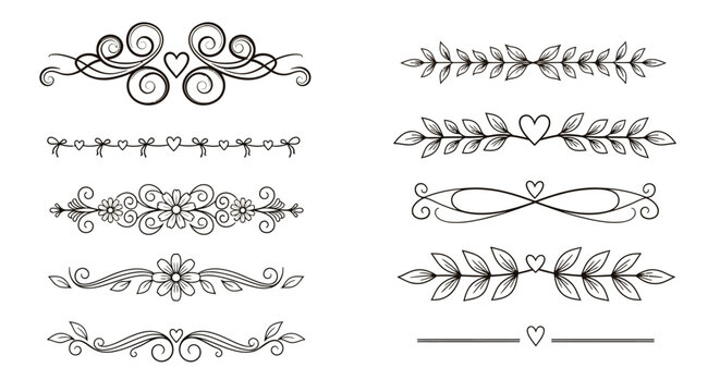 Vintage floral borders, elegant ornamental frames, black line art dividers, decorative swirl elements, 10 illustration set