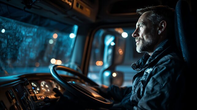 Portrait of truck driver inside cabin, high resolution, ultra detailed, realistic lighting, 8k, professional photography quality