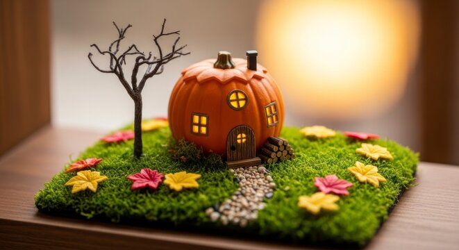 Sc&egrave;ne miniature de maison en citrouille avec arbre d&eacute;coratif et d&eacute;tails color&eacute;s