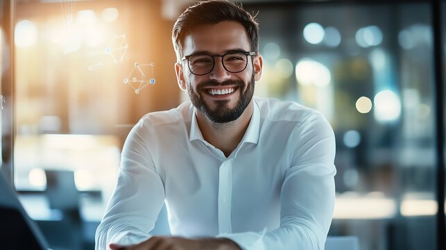 Smile businessman analyzing quantum circuits for AI acceleration working in bright office tone tech company