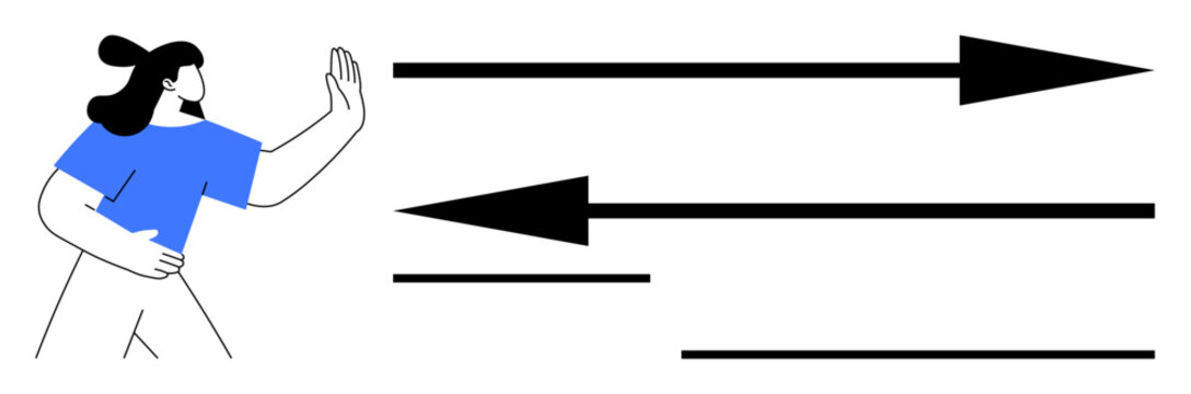 Conflict resolution, personal boundaries, resilience, direction, opposition, leadership. Person with hand raised stopping an arrow moving against another. Conflict resolution and personal boundaries