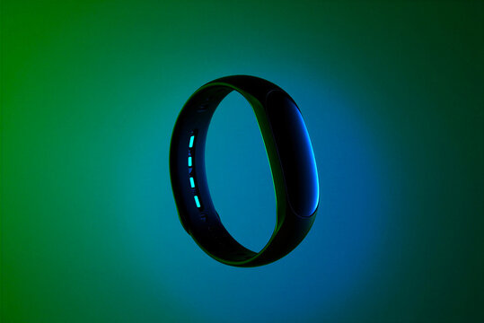 futuristic smart wristband glowing with neon blue lights on dark gradient background