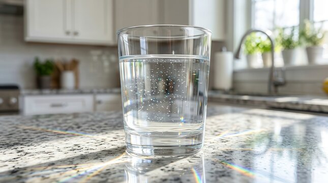 A glass of water on a kitchen counter with sparkling particles symbolizing PFAS contamination concerns.
