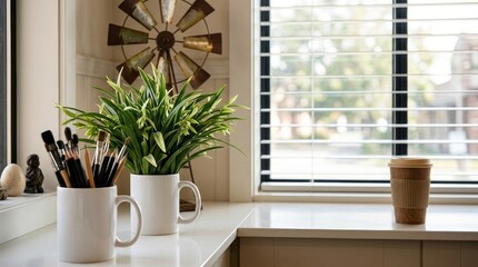 Fototapeta premium Modern bright office desk with yellow lamp and coffee cup for commercial workspace background- 3D rendering
