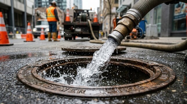 A worker flushing water into an open manhole during street sewer repair.
