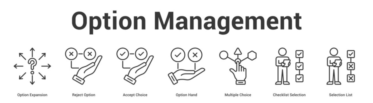 Option Management web banner icon set vector illustration concept for business with icon of Option Expansion, Reject Option, Accept Choice, Option Hand, Multiple Choice, Checklist Selecti.