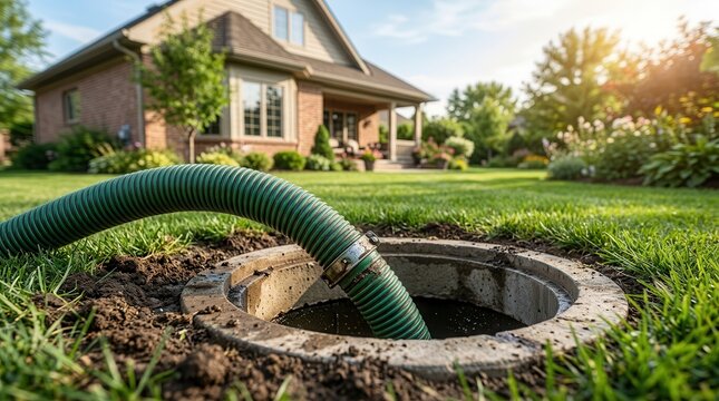 Green corrugated hose connected to an open sewer manhole on a residential lawn for drainage service.