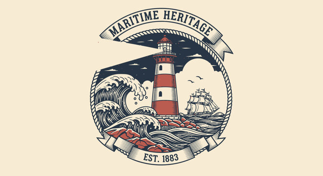 Vintage lighthouse maritime heritage logo crest.
