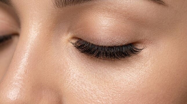 Close-up of a closed eye featuring full lash cluster eyelash extensions with long curl.