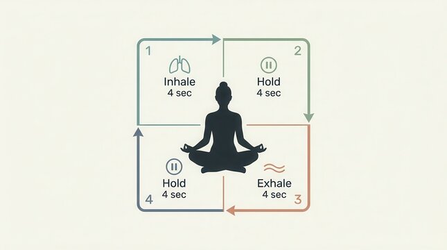 Box breathing technique diagram showing inhale, hold, and exhale steps.