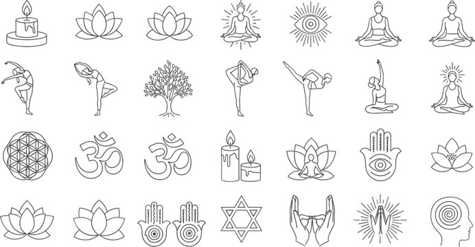 Yoga Meditation and Spiritual Wellness Line Icons Vector Set Featuring Lotus Chakra Mindfulness and Relaxation Symbols