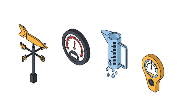 Isometric icons of weather instruments including a weather vane, a rain gauge, and various measurement gauges for meteorology.