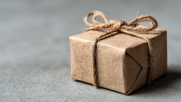 Small, kraft paper gift box tied with twine on a gray surface