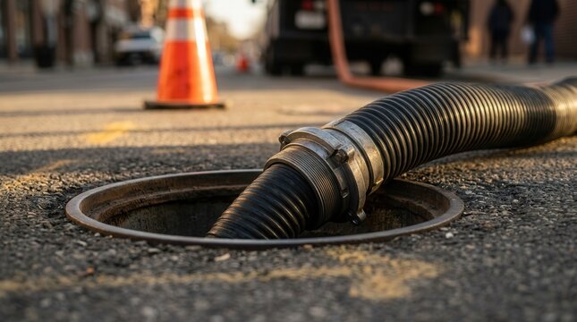 Flexible inspection camera hose being fed into a street sewer manhole for pipeline inspection.