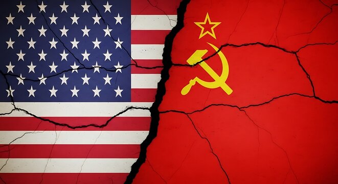 American and soviet flags on cracked wall with star and hammer symbol